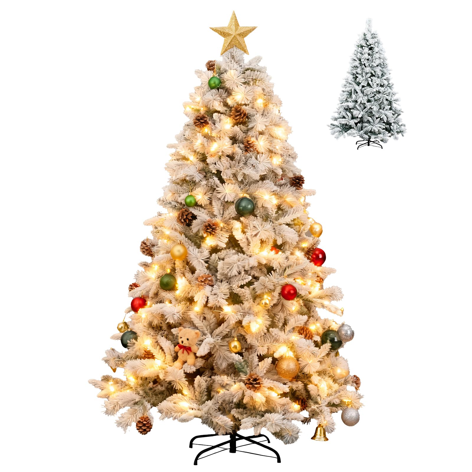 7Ft Prelit Christmas Tree,Snow Flocked Artificial Hinged Holiday Christmas Pine Tree,Xmas Tree w/400 LED Lights and 1500 Snow Flocked Branch Tips for Home,Office,Party Decoration