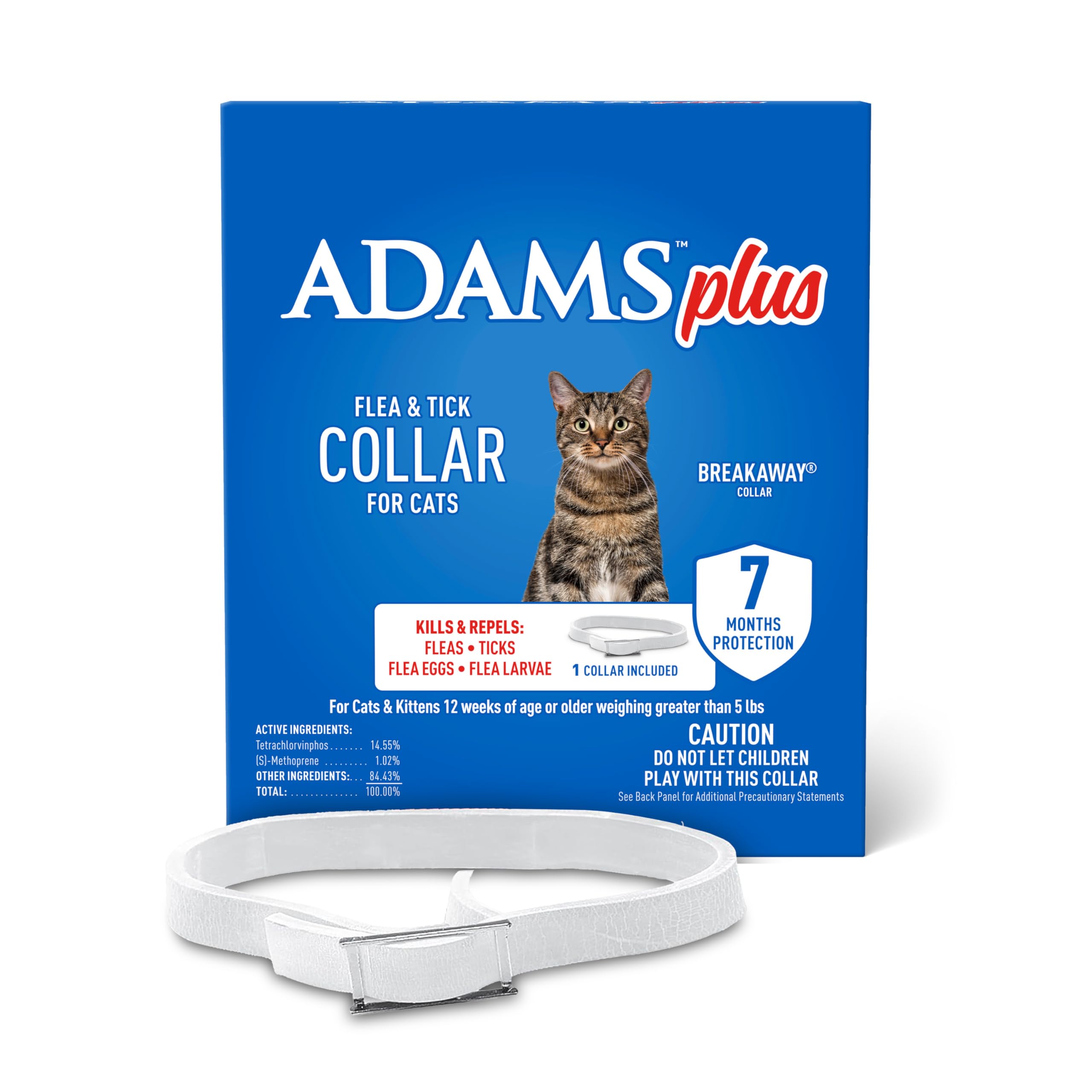 AdamsPlus Flea & Tick Collar for Cats, Breakaway Collar, 1 White Collar, 7-Month Protection, Kills & Repels Fleas, Flea Eggs, Flea Larvae and Kills Ticks, Tick Nymphs, and Tick Larvae