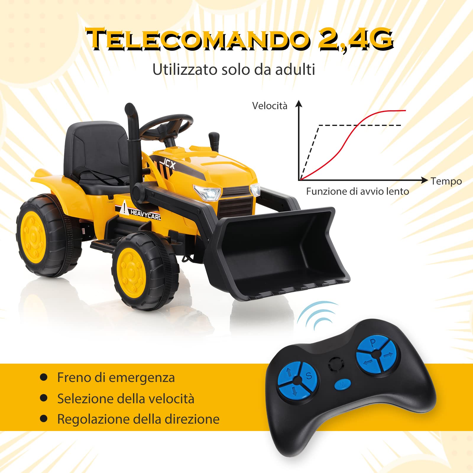 COSTWAY 12 V Escavatore per Bambini, con Telecomando, Benna di Scavo Regolabile Musica e Fari a LED, Ruspa Elettrica per Bambini di 3-8 Anni, Giallo