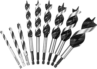 KENDO 9Pcs Auger Drill Bit for Wood Set, 2 Flute Impact Wood Drill Bit with Quick Change Hex Shank, Including 1/4", 5/16", 3/8", 1/2", 5/8", 3/4", 7/8", 1" and 1-1/4" Size for Hardwood and Softwood