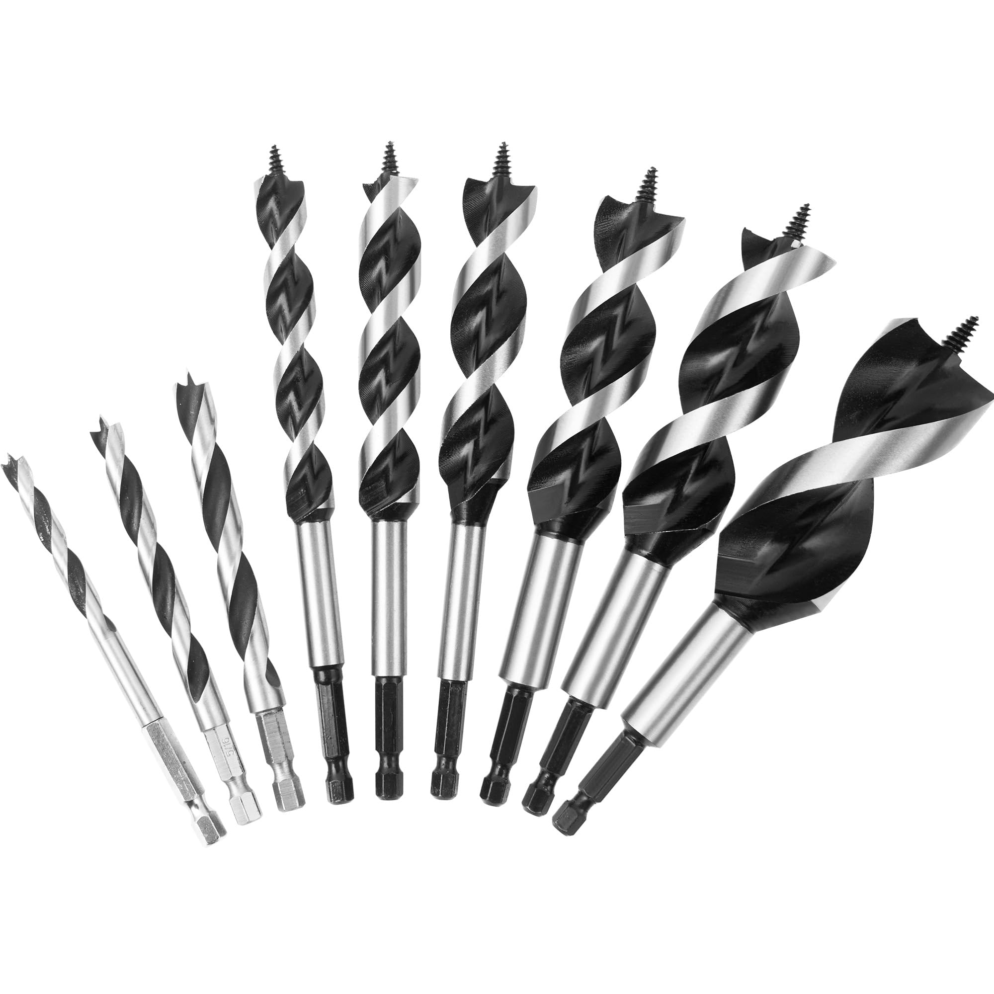 KENDO 9Pcs Auger Drill Bit for Wood Set, 2 Flute Impact Wood Drill Bit with Quick Change Hex Shank, Including 1/4", 5/16", 3/8", 1/2", 5/8", 3/4", 7/8", 1" and 1-1/4" Size for Hardwood and Softwood