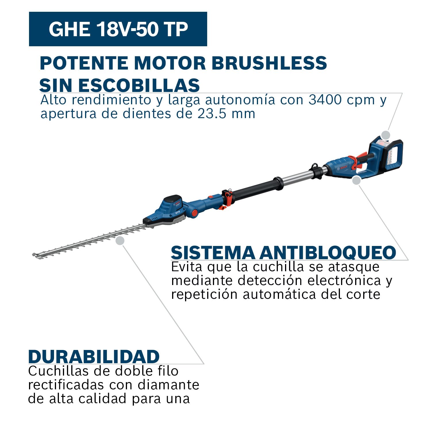 Bosch Professional 18V System sierra de bastón telescópico GHE 18V-50 TP (bastón telescópico de 2,5 m, 3400 carreras por minuto, apertura de dientes de 23,5 mm, correa de hombro incl., sin batería)