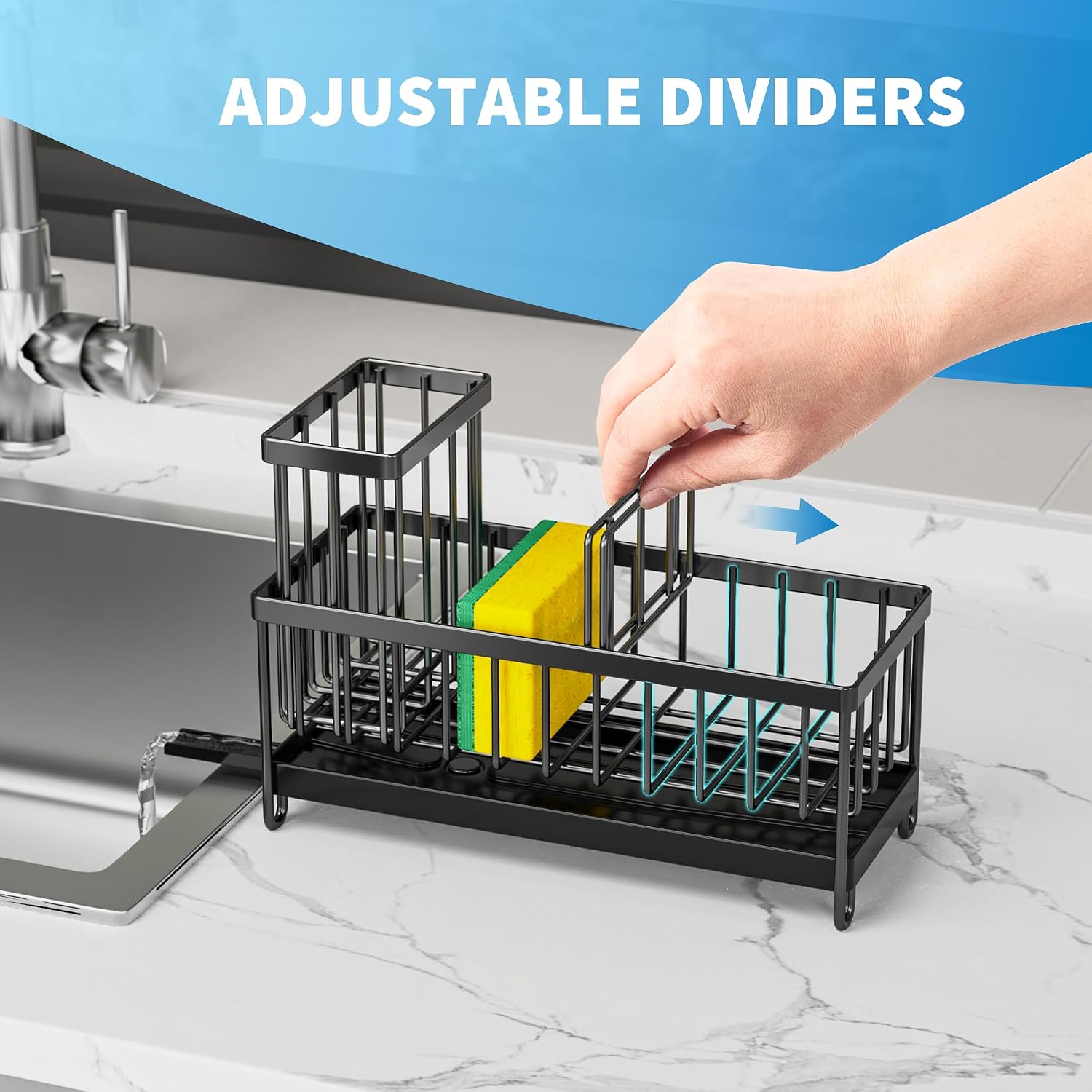 Cisily Black Sponge Holder for Kitchen Sink, Sink Caddy Organizer with High Brush Holder, Kitchen Countertop Organizers and Storage Essentials, Rustproof 304 Stainless Steel, Soap Dispenser Organize, view 4