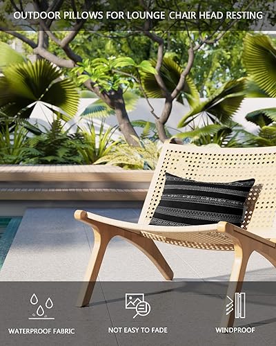 Miniatura 4 de Almohada de cabeza para tumbona al aire libre, almohada bohemia negra suave con correas elásticas e inserto, 1 cojín para reposacabezas para patio,