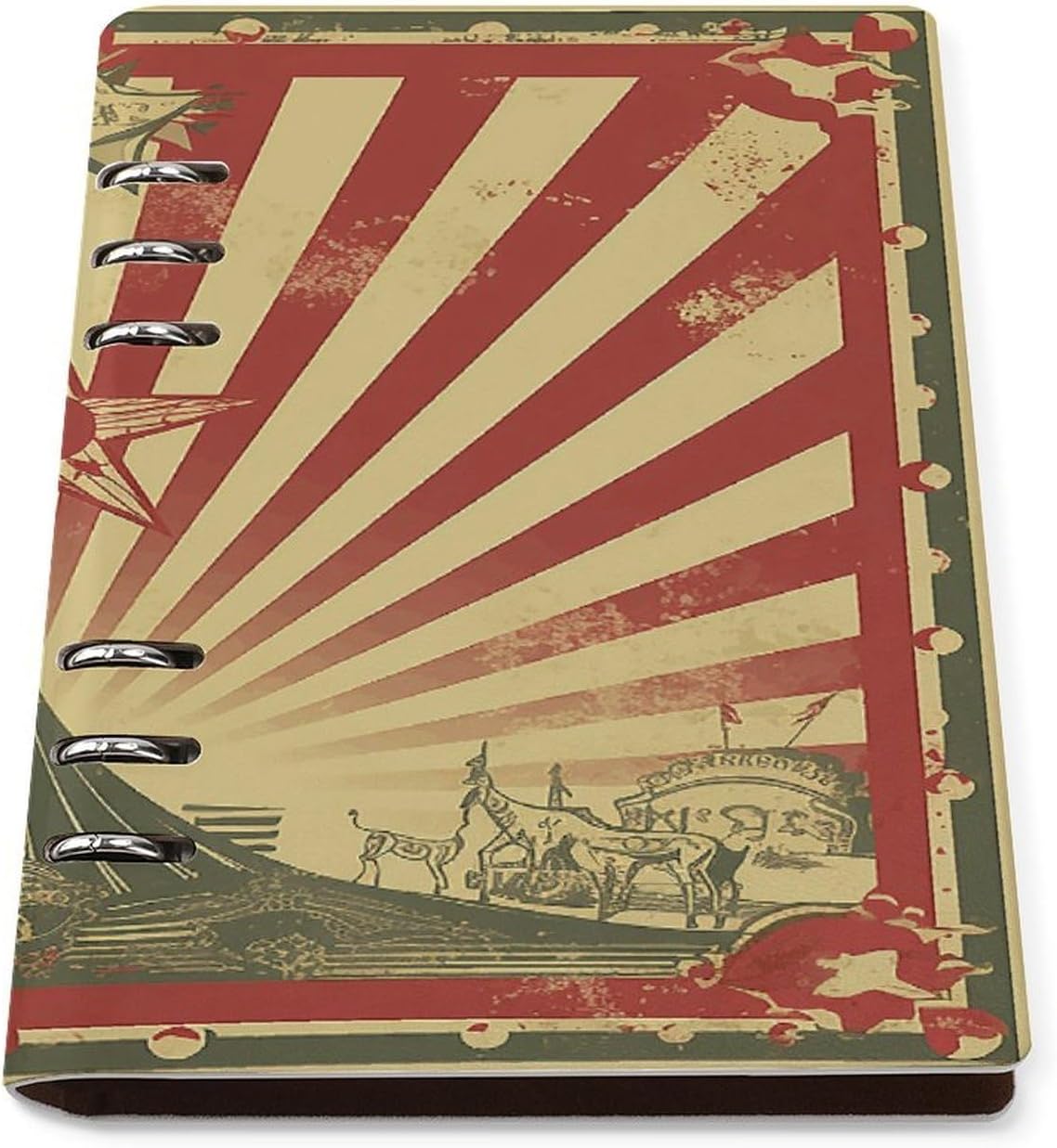 VstaDank Vintage Circus Background Notebook Refillable A5 Binder Notebooks 6 Ring PU Leather Binder Journal Reusable Travel Diary Vintage Planner for Writers Business Work Daily 6.9”x 9”