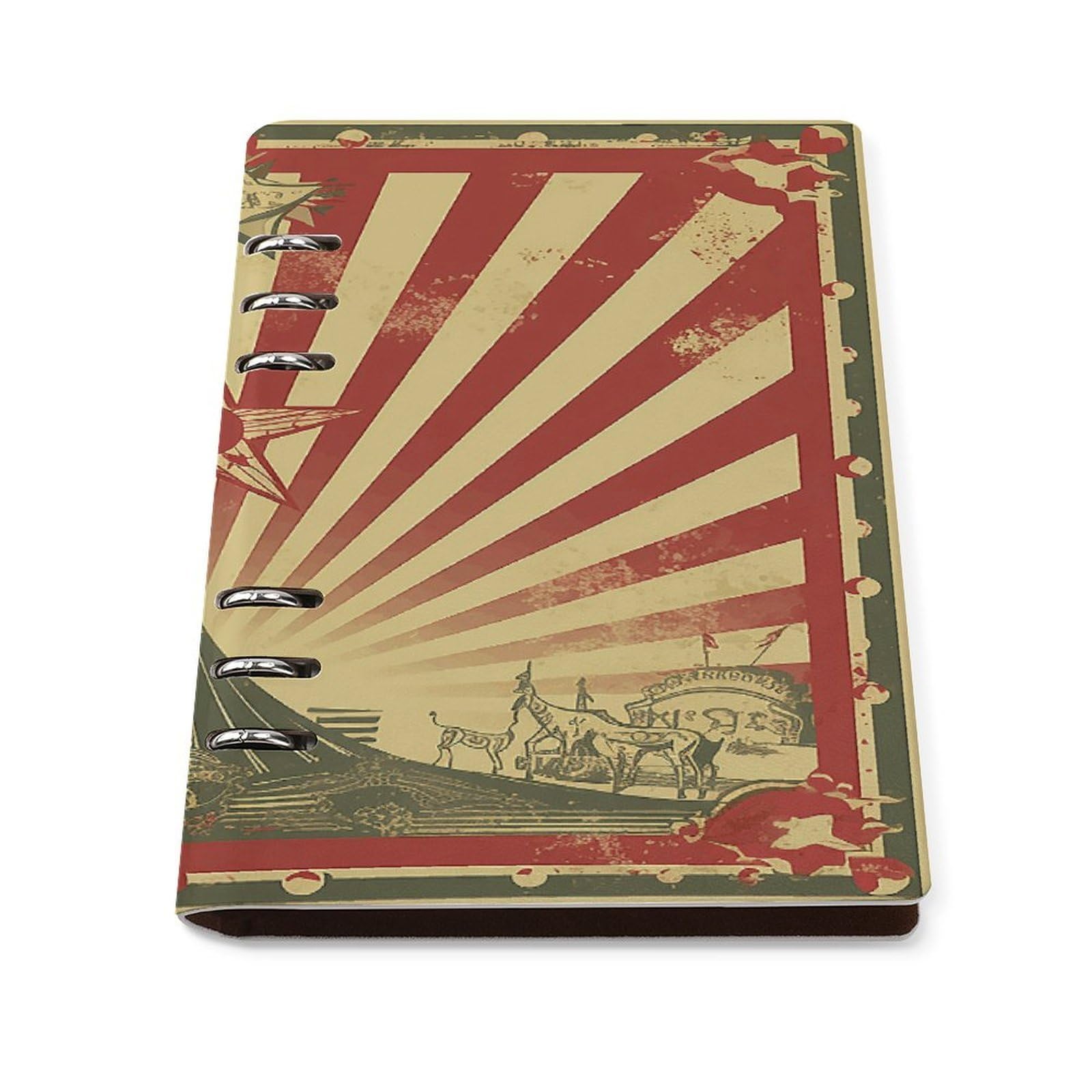 VstaDank Vintage Circus Background Notebook Refillable A5 Binder Notebooks 6 Ring PU Leather Binder Journal Reusable Travel Diary Vintage Planner for Writers Business Work Daily 6.9”x 9”