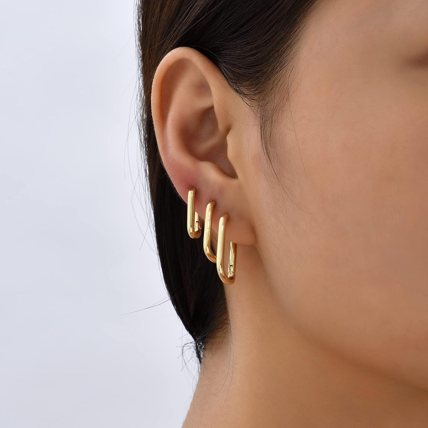 3 Pairs Chunky Gold Hoop Earrings Sets for Women Gold Hypoallergenic Oval Huggie Earrings Lightweight Thick Rectangle Hoop Earrings Trendy Jewelry for Women