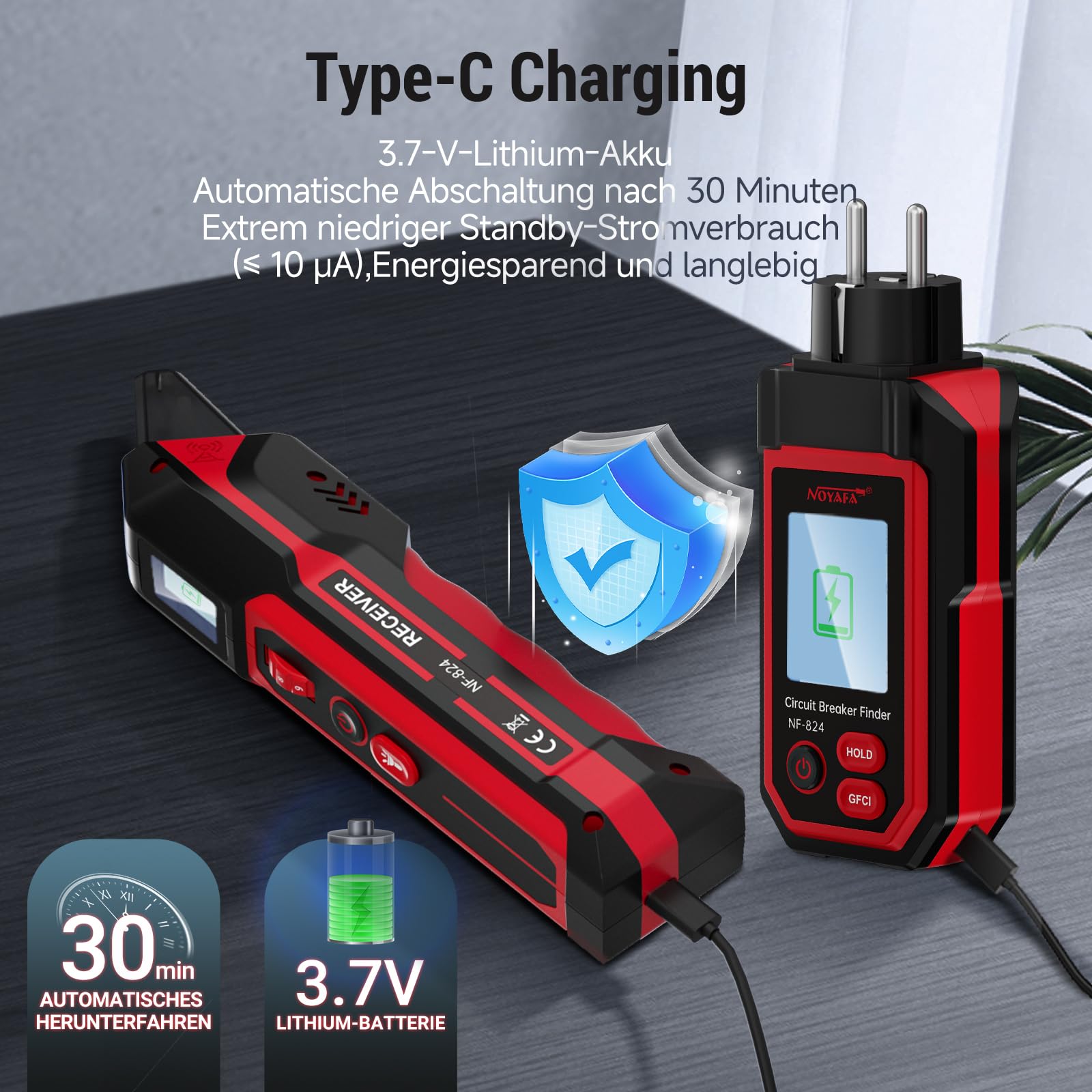 NOYAFA NF-824 Steckdosentester, Sicherungsfinder, Leistungsschalterfinder mit LCD-Display, berührungsloser Spannungsprüfer mit 240V Schuko-Steckdosenprüfer, NCV-Phasenprüfer, Kabelfinder/Stromprüfer