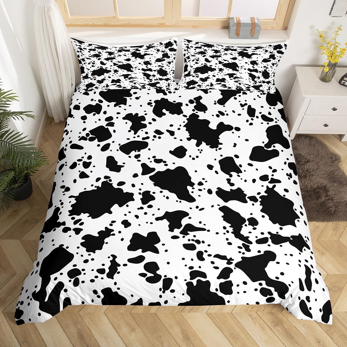 Erosebridal Cow Fur Print Bedding Set King Size,Black White Cowhide Comforter Cover for Kids Boys Girls Room Decor Animal Skin Print Duvet Cover,Farmhouse Cow Print Quilt Cover,3 Pieces Soft