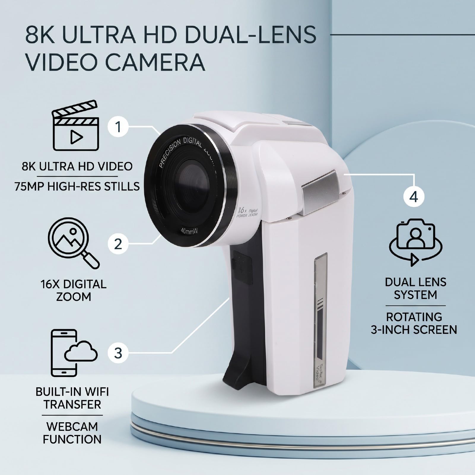 Videocamera 8K, Videocamera da 75 MP con Zoom Digitale 16X a Doppio Obiettivo con WiFi, Schermo da 3 Pollici, Visione Notturna, Telecomando, Due Batterie per la Registrazione di