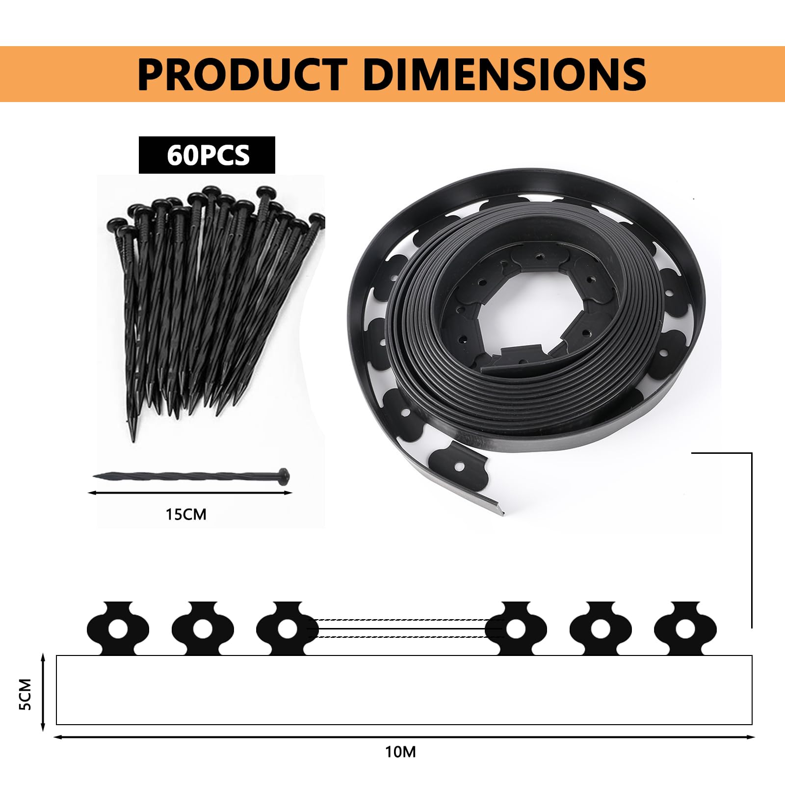 Bordo per Aiuole da Giardino 10 m con 60 Picchetti – Bordura per Prato in Plastica Flessibile, Altezza 5 cm – Separatore per Aiuole e Vialetti, Nero