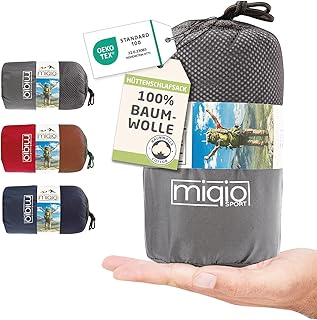 MIQIO® 2in1 Baumwoll-Hüttenschlafsack Ultra leicht mit Reißverschluss (Koppelbar): Dünner Komfort Reiseschlafsack und XL Reisedecke in Einem - Sommerschlafsack Innenschlafsack