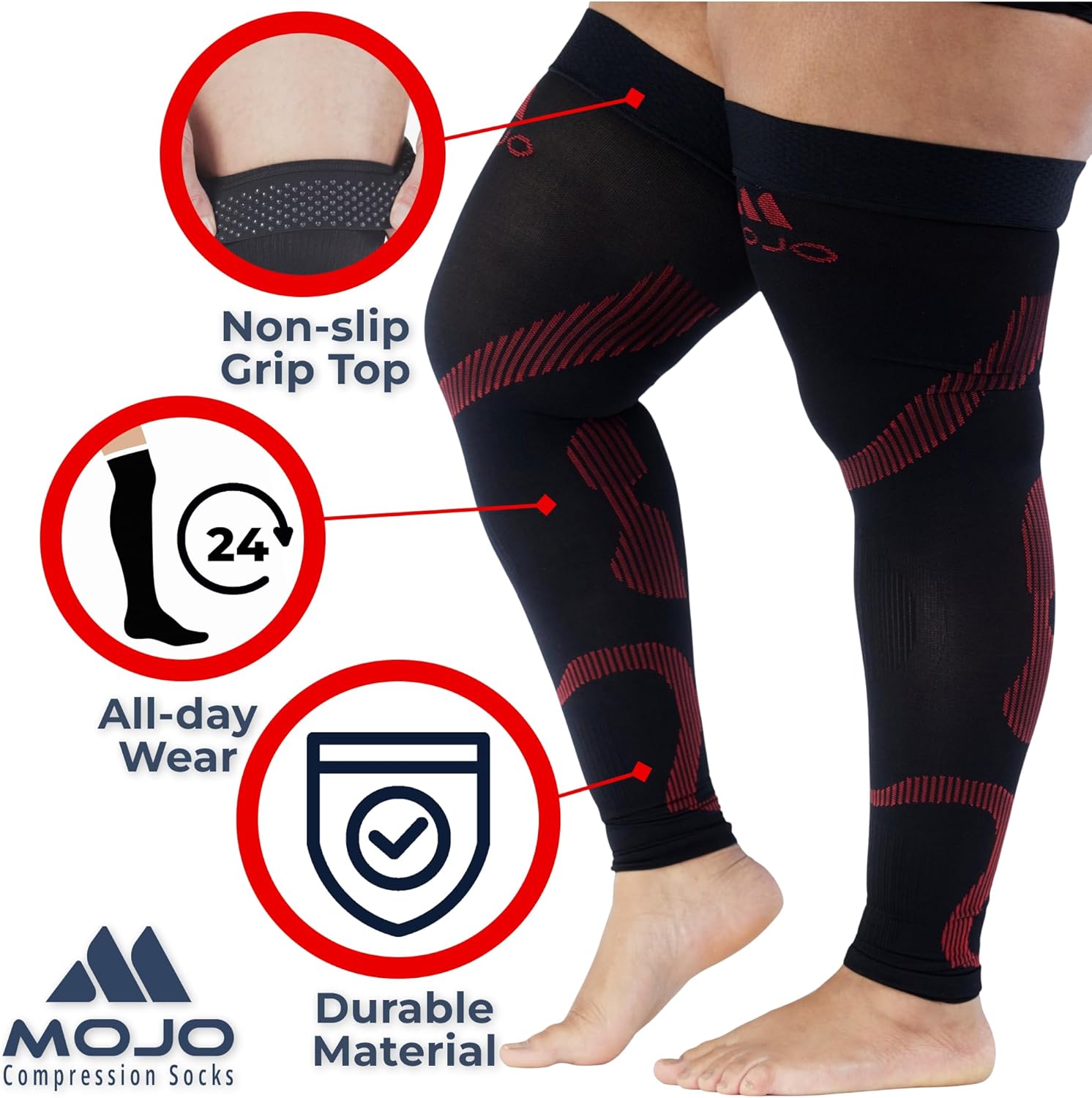 Mojo Compression Socks - 20-30mmHg Graduated Support Thigh-Hi Leg Sleeves with Grip Top - 10 Sizes, 5 Colors - Reduces Swelling, Ideal for Varicose Veins, Lymphedema, DVT Treatment - 1 Pair - Image 4
