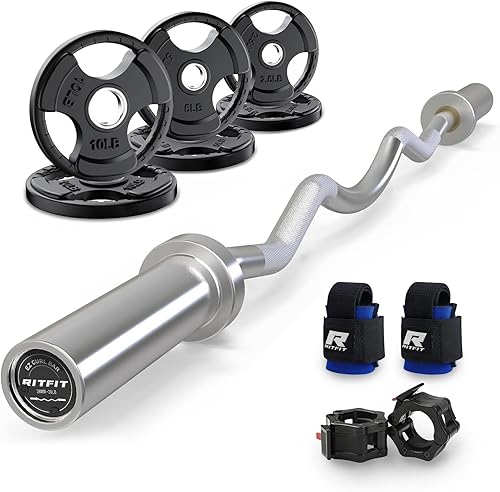 Miniatura 17 de RitFit Barra de rizo EZ de 2 pulgadas con pesas, barra olímpica de capacidad de 350 libras para bíceps y tríceps, entrenamiento de fuerza de