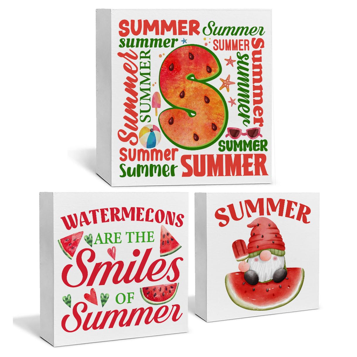 Summer Watermelon Decor for Home Watermelon Tiered Tray Decor 3 Pcs Wood Decorative Signs Table Desk Shelf Sign
