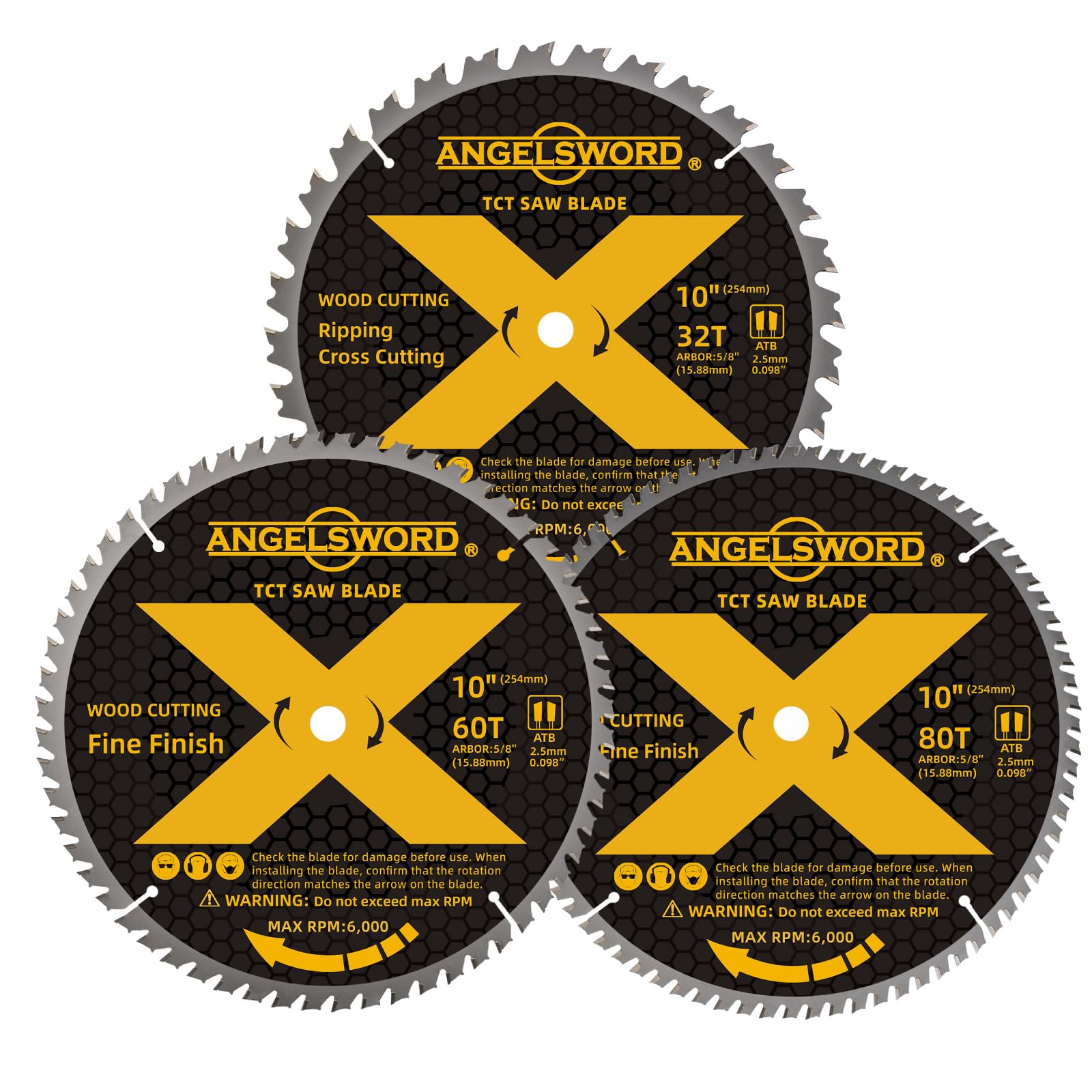 Photo 1 of ANGELSWORD 10 Inch Table Saw Blade/Miter Saw Blade, 32T for Framing&60T for Fine Finish&80T for Ultra Fine Finish Wood Cutting, 3 Pack