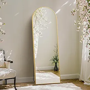 DUMOS Arched Full Length Mirror with Stand Floor Standing Aluminum Frame for Bedroom Body Hanging Leaning Modern Simple Home Decor Shatter-Proorf Nano Glass Wall Living Room Cloakroom Gold 59"x16"