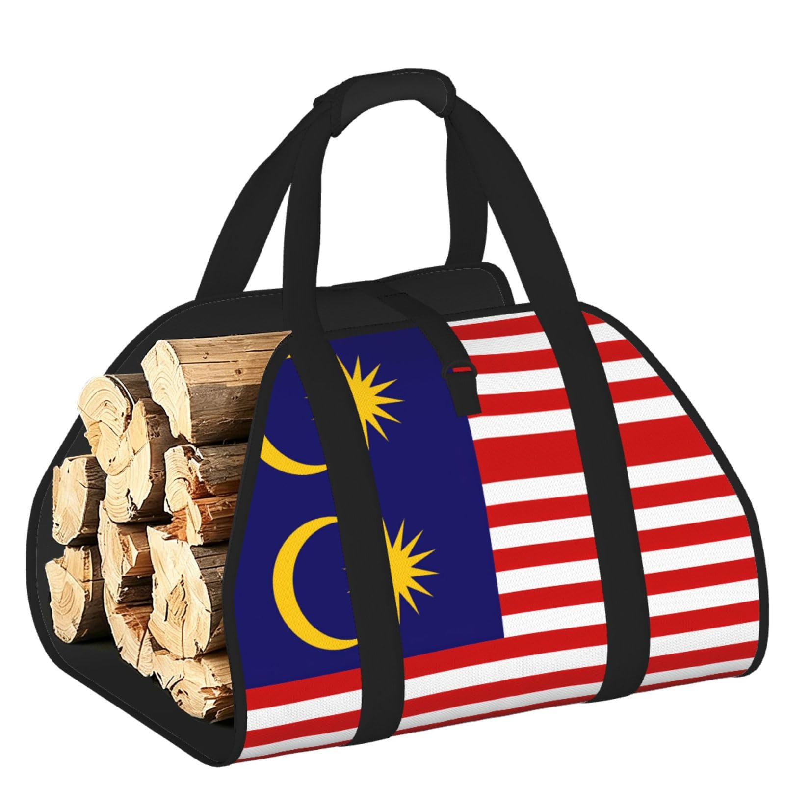 Malaysia Flag Printed Firewood Log Carrier, Large Tote Bag with Reinforced Handles for Camping Fireplace Home