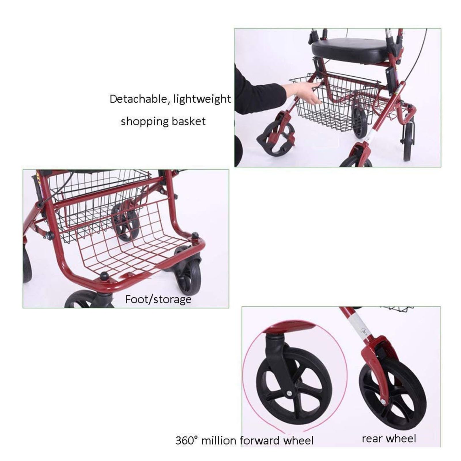 Rollator Walker, Rollator De 4 Ruedas, con Asiento, Andador para Minusválidos, Mayores, Adultos O Ancianos, Ayuda para Caminar, Aluminio, Ligero, Plegable