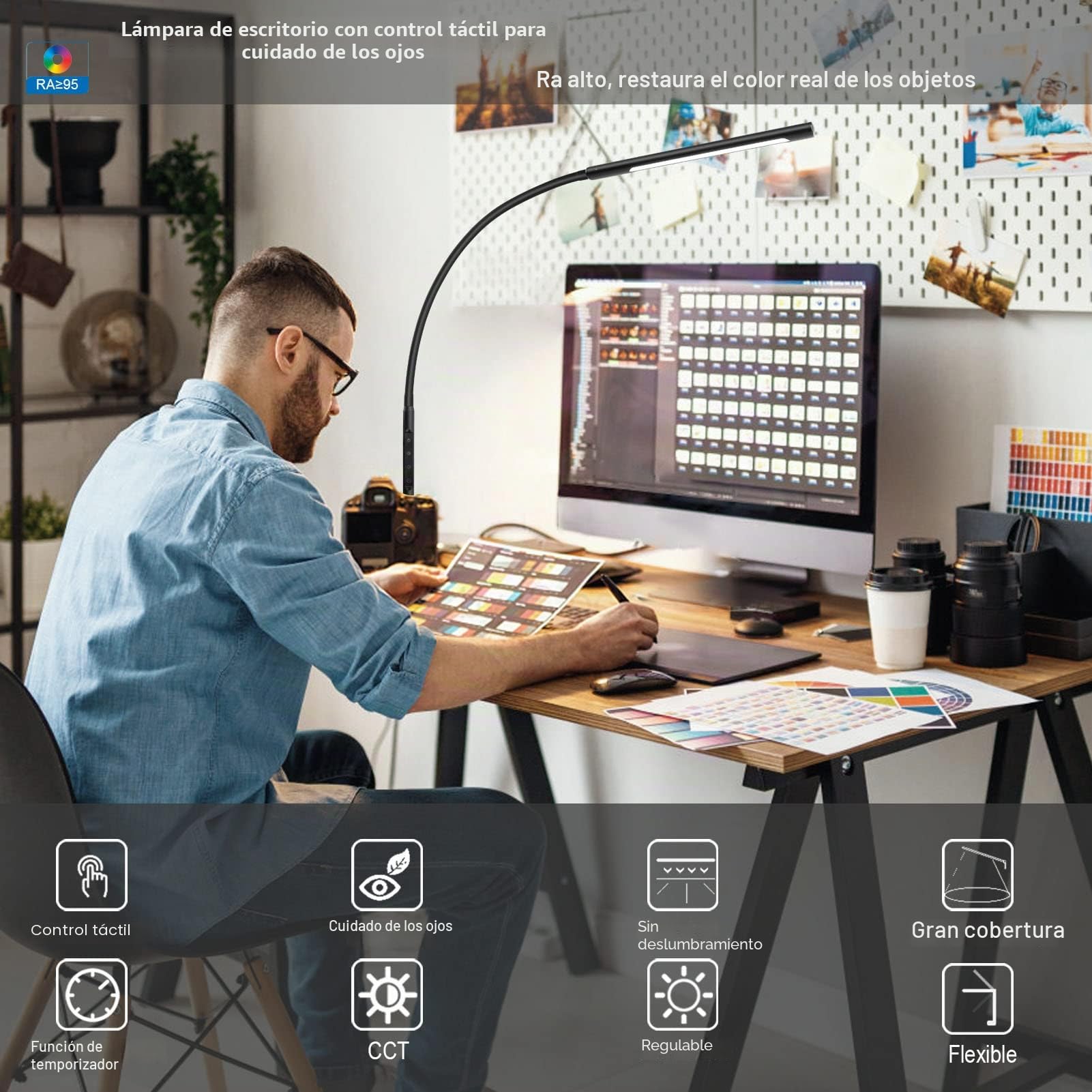 EYOCEAN Lámpara de escritorio LED, cuello de cisne flexible Lámpara de escritorio con pinza, brillo y temperatura de color ajustables, control táctil, lámpara de mesa con mando a distancia, 12W