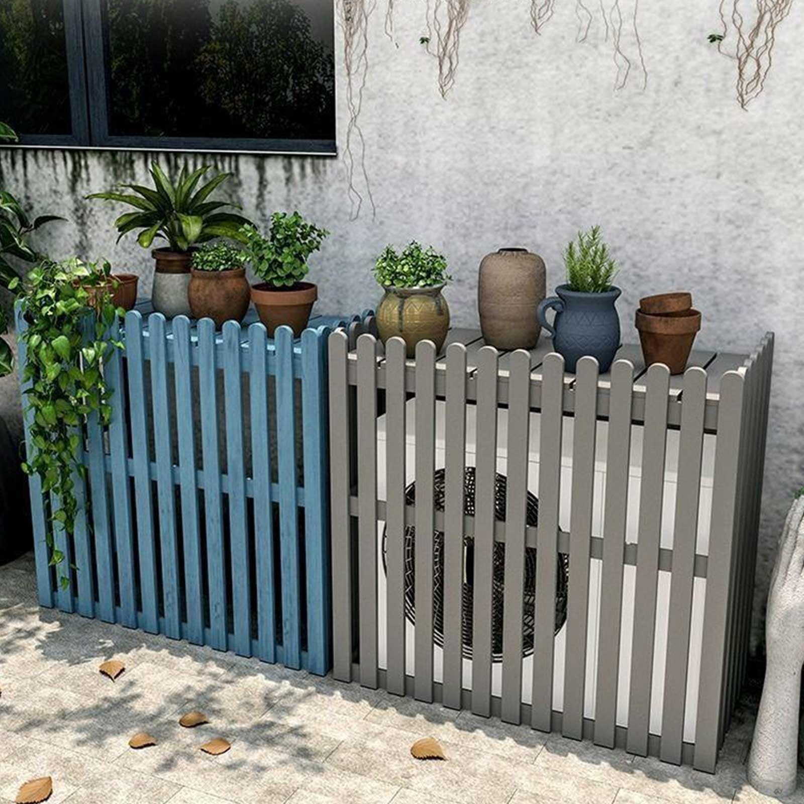 Pokrowiec na klimatyzator zewnętrzny, 4 panele, drewniany panel do patio, wyposażenia basenu, obudowy, ogrodu, tarasu, klimatyzatora, pompa basenowa, niebieska 120 x 60 x 109 cm