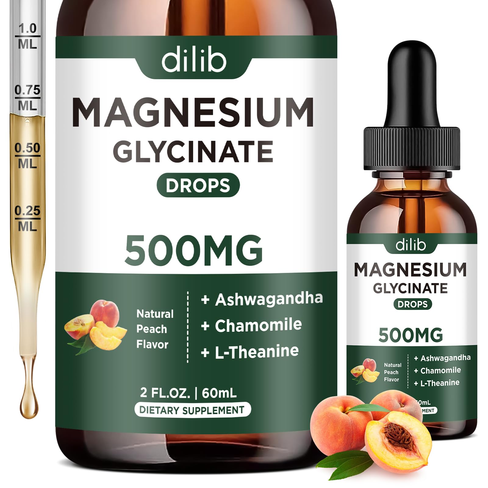 Magnesium Glycinate Liquid Drops Supplement, with Magnesium Glycinate 500mg Ashwagandha, L - Theanine, Chamomile -Support Stress Relief, Bone, Muscle, Mood Peach Flavor Peach 2 Fl Oz (Pack of 1)