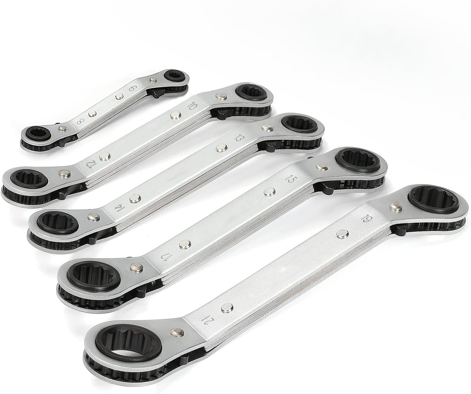 5 PCS Double Offset Box End Reversible Ratcheting Wrench Set, SAE, Heavy-duty, Matte Chrome Plated, Ratchet Spanner Crooked for Narrow Spaces