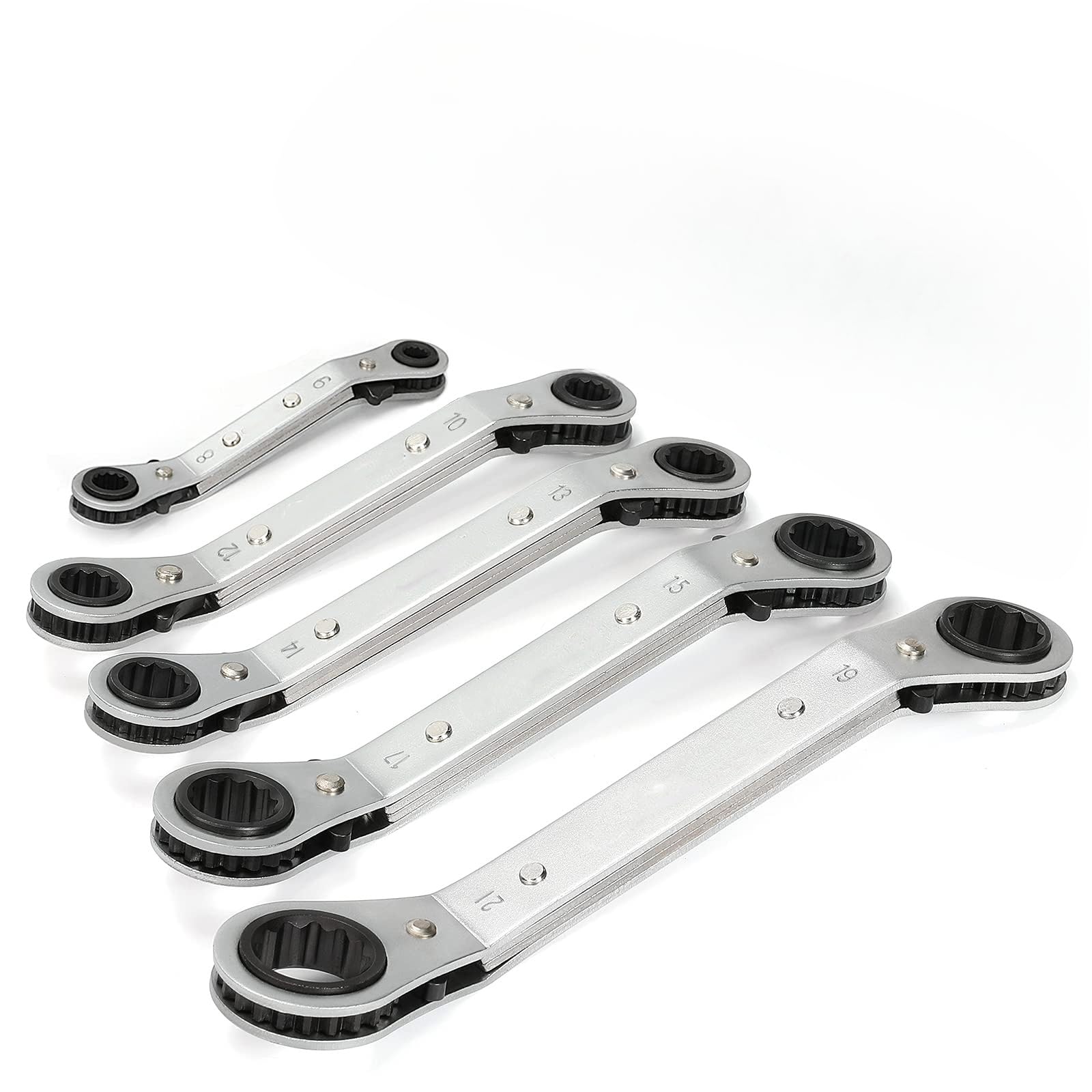THE WHITE SHOP 5 PCS Double Offset Box End Reversible Ratcheting Wrench Set, SAE, Heavy-duty, Matte Chrome Plated, Ratchet Spanner Crooked for Narrow Spaces