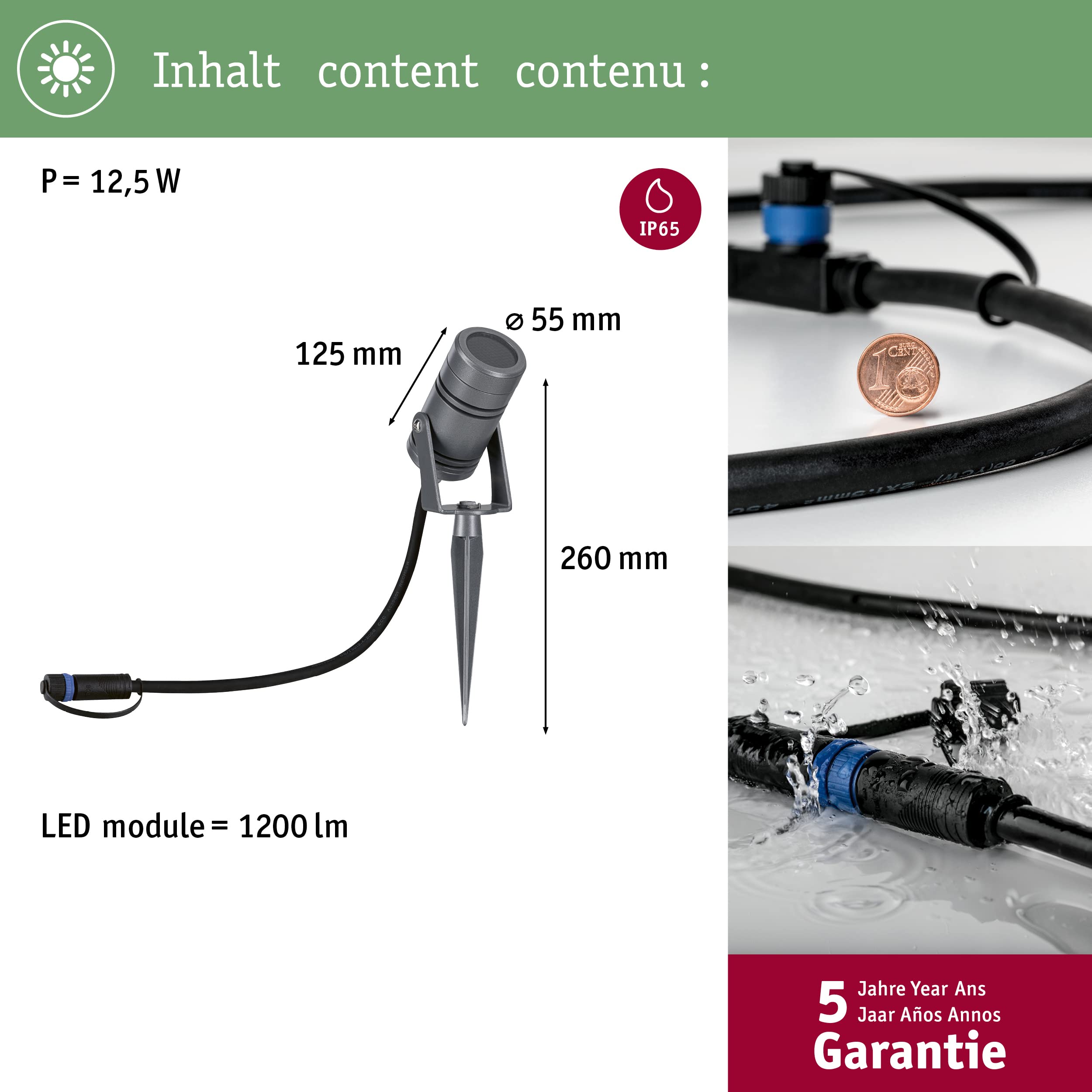 Paulmann 94367 Plug & Shine LED oświetlenie zewnętrzne reflektor ogrodowy Radon IP65 3000K 11W szary ściemnialny system oświetlenia ogrodowego aluminium