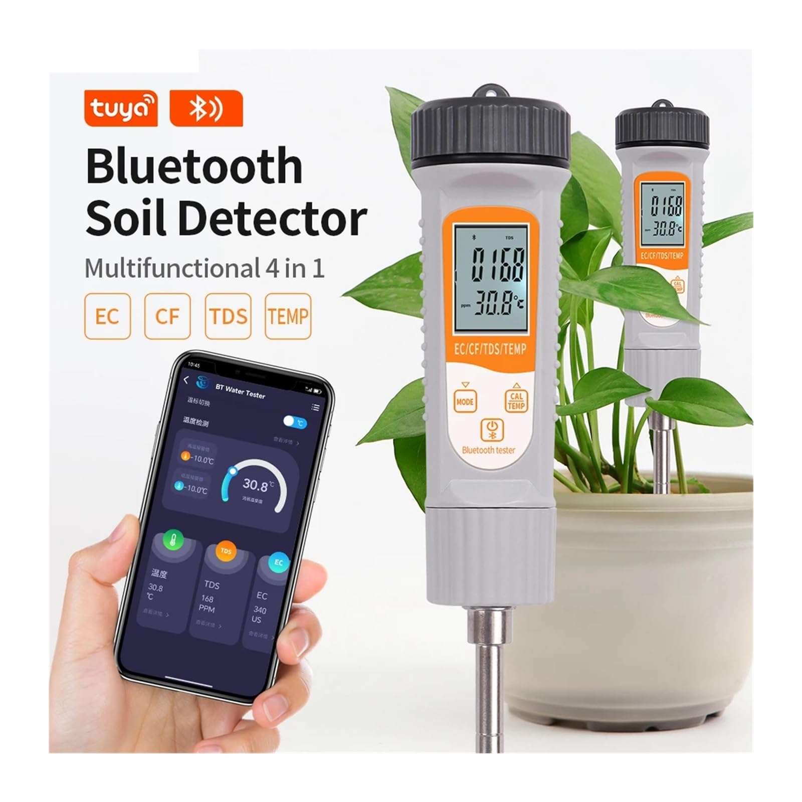 Misuratore di conducibilità Bluetooth 4 in 1 for terreno EC TDS CF, rilevatore temperatura, controllo APP intellinte ad alta precisione for giardinaggio e agricoltura Giardinaggio, Agricoltura