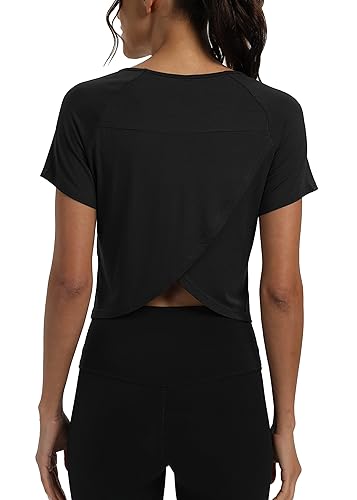 Mippo Workout Tops for Women Cropped Split Back Athletic Gym Exercise Shirts Loose Fit - Large - Black