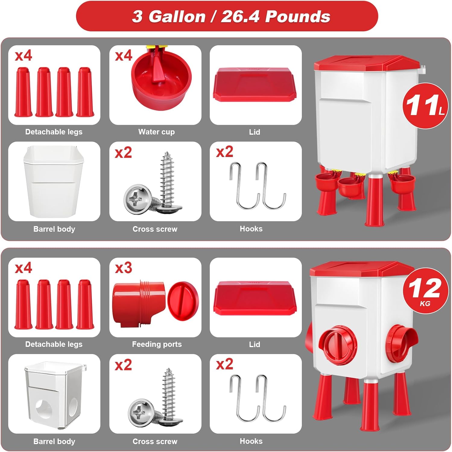 Chicken Feeder and Waterer Set 3 Gallon/26.4 Pounds, Automatic Chick Feeder and Waterer Set No Waste, Poultry Feeder Large for Hens/Ducks/Poultry
