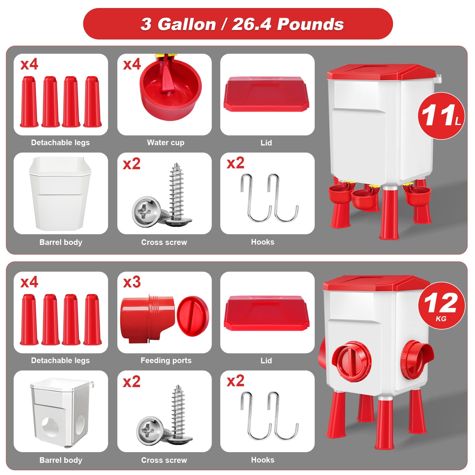 Hühnerfutterstation und Tränke Set 3 Gallon/12.0 kg, Automatischer Küken-Futterspender und Tränken Set Kein Abfall, Geflügel-Futterspender Groß für Hühner/Enten/Geflügel