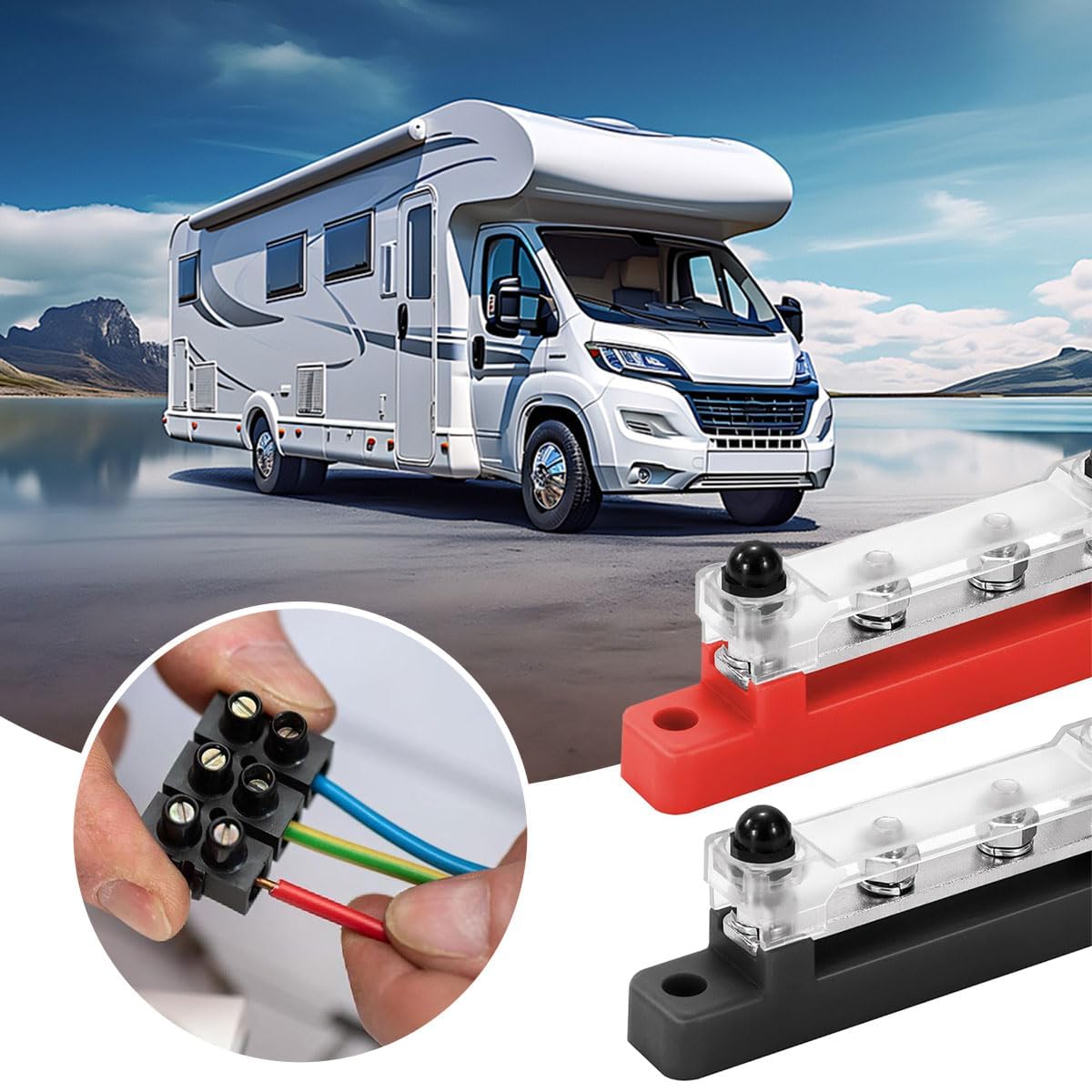 Alrens 2 sztuki szyn zbiorczych 12 V-48 V DC, blok rozdzielczy, szyna zbiorcza 150 A, blok rozdzielaczy 2-drożny z bolcem łączącym M6, do samochodów osobowych, ciężarowych, jachtów, czerwony, czarny,