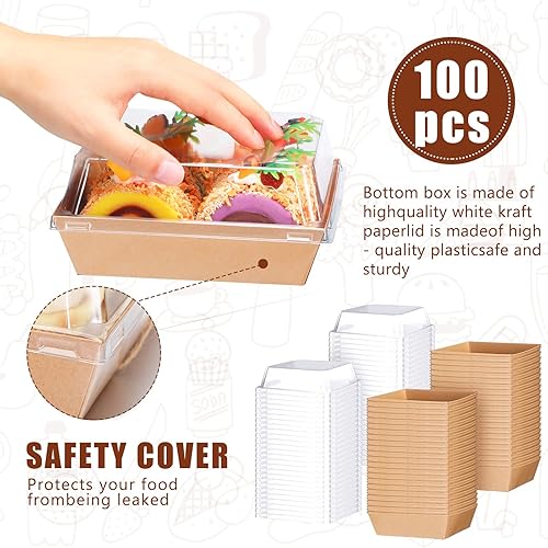 Miniatura 4 de PerKoop Paquete de 100 cajas de papel para embutidos de 4 pulgadas y 5 pulgadas con tapa de plástico transparente, cajas desechables a granel con