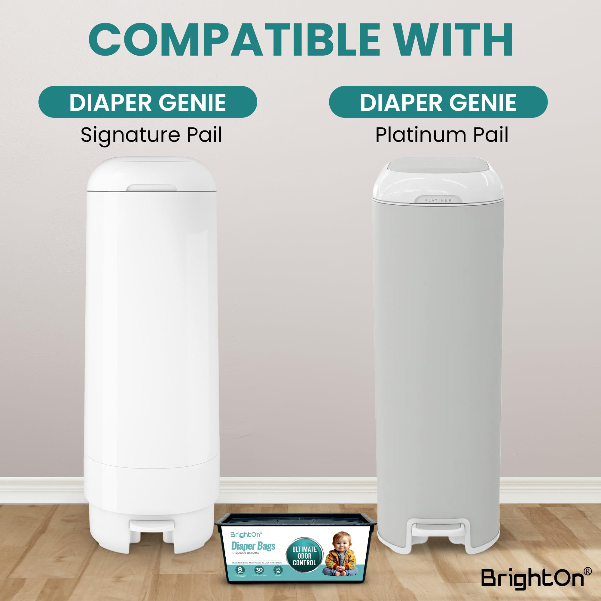 BrightOn Sacchetti di ricarica per secchio per pannolini compatibili con sacchetti Genie Easy Roll Signature, confezione da 3 (90 sacchetti) (senza profumo)