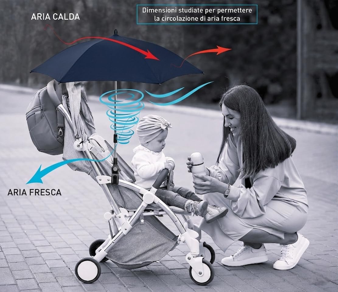 TC BABY'S Ombrellino per Passeggino, Universale, Anti UV, Ombrello Parasole, Protezione bambini (Blu)