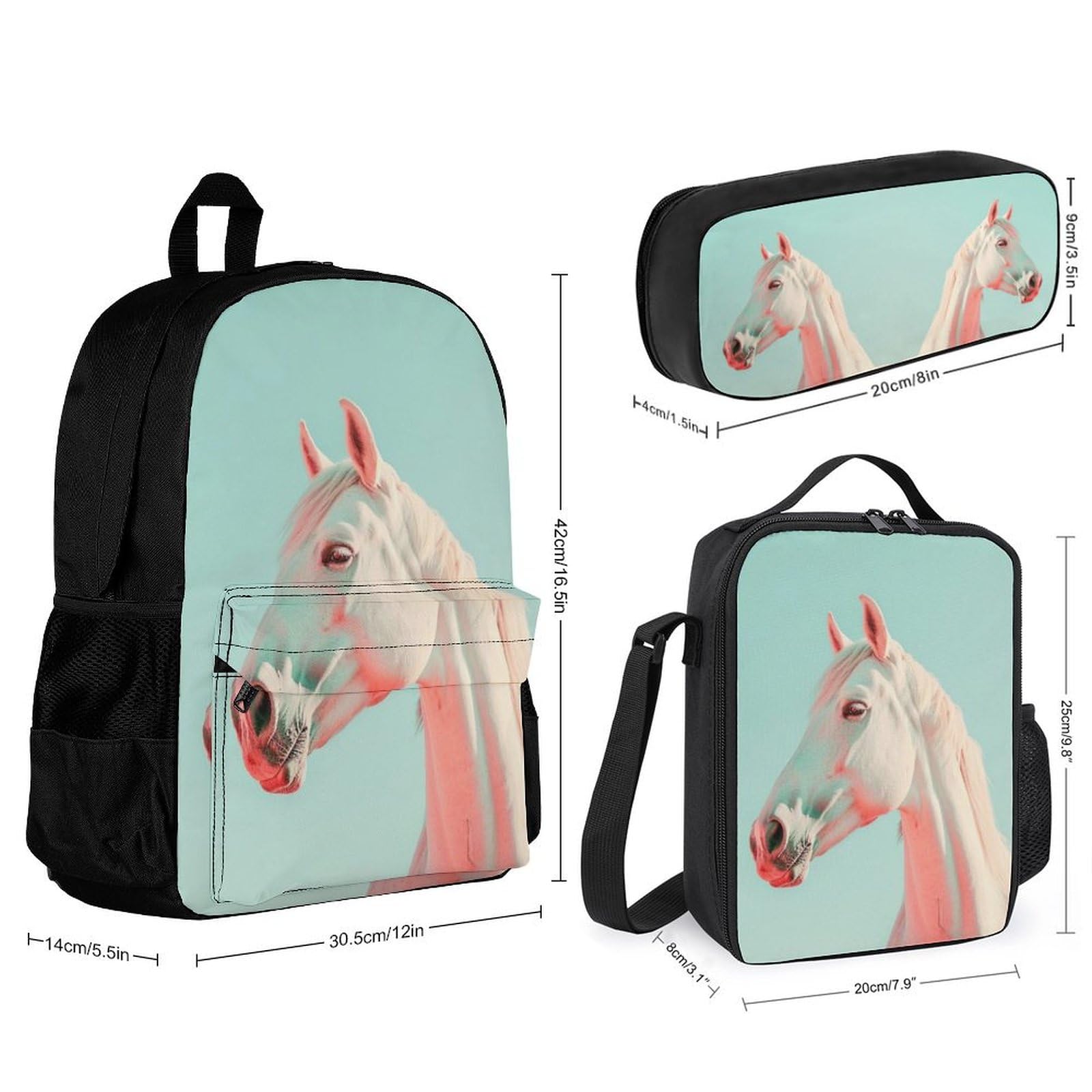 Set de Mochila Caballo Estudiantes con Bolsa Térmica y Estuche, Mochila Escolar Animal Caballo Niña 8-12 Años para Escuela Primaria y Uso Diario