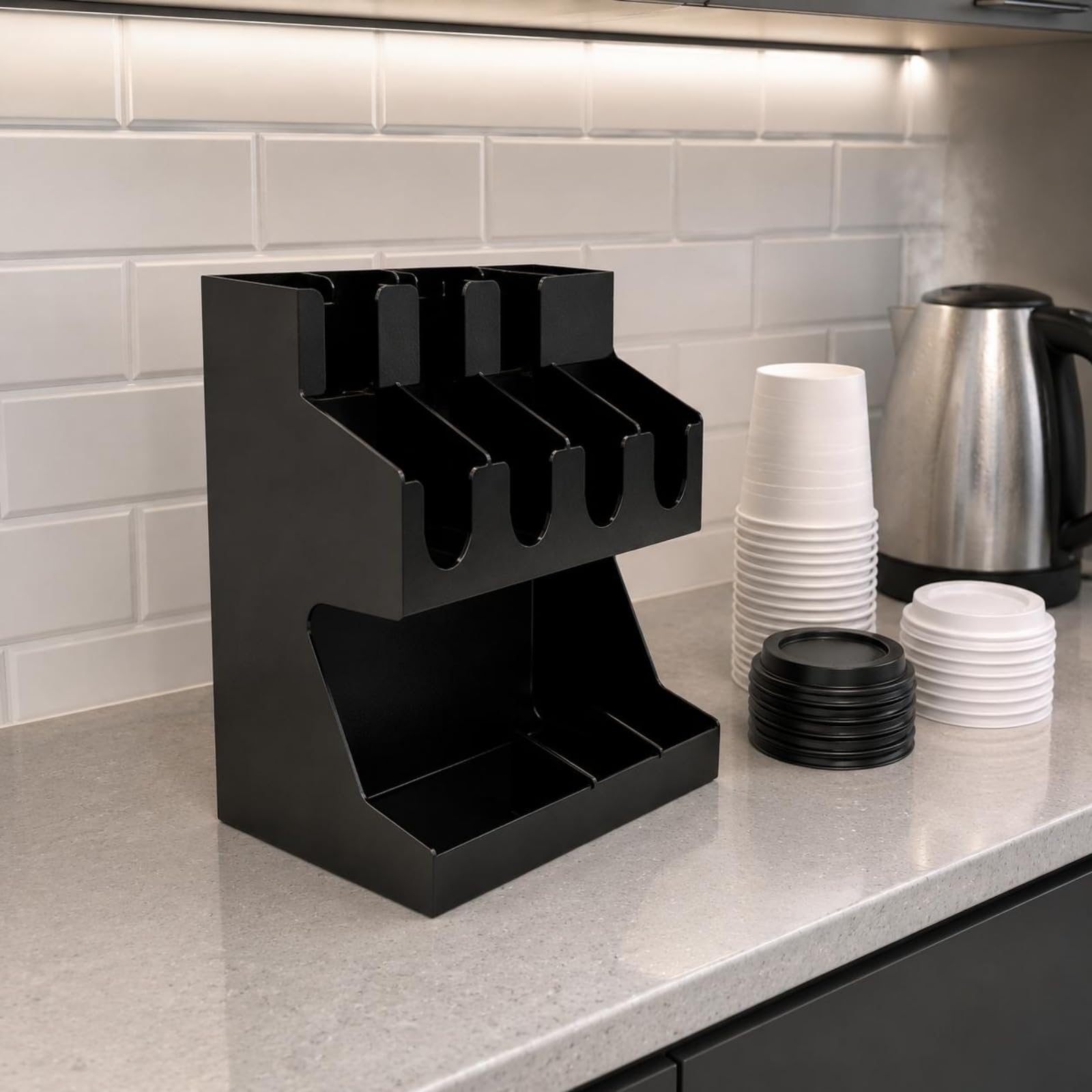Baoblaze Porta Bicchieri da Banco Organizzatore Tazze Coperchi Cannucce Agitatori in Acciaio Inox a Due Livelli con Divisori Verticali E Presa Rapida Adatto, Legno Naturale