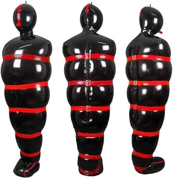 Sexy Full Body Black Latex Catsuit Inflatable Sleeping Sack Bag with Red Straps and Zipper,Custom Color,Small