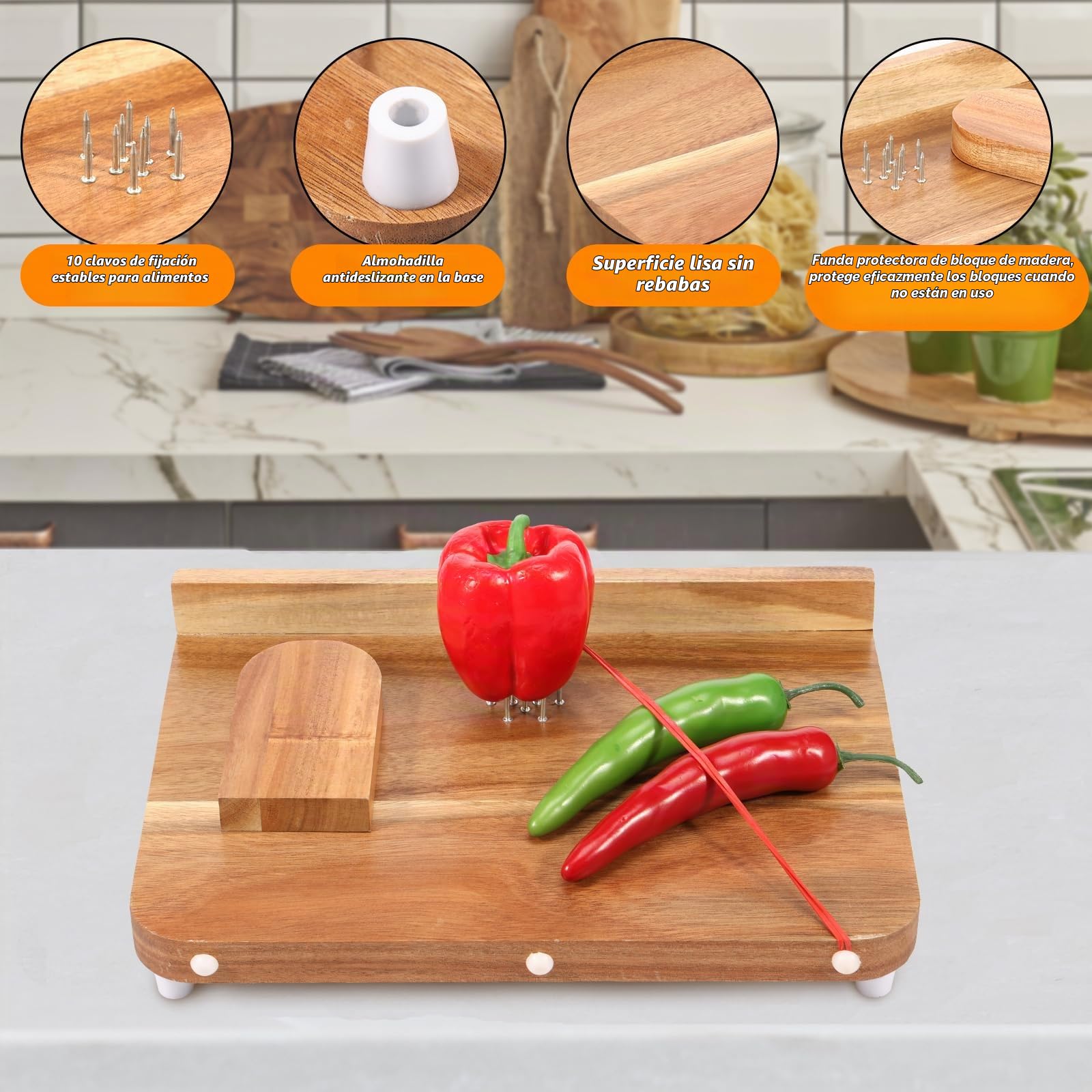 Tabla de cortar adaptativa de madera con pinchos, superficie lisa, tabla de cocina para discapacitados con fondo antideslizante para verduras, frutas y carnes