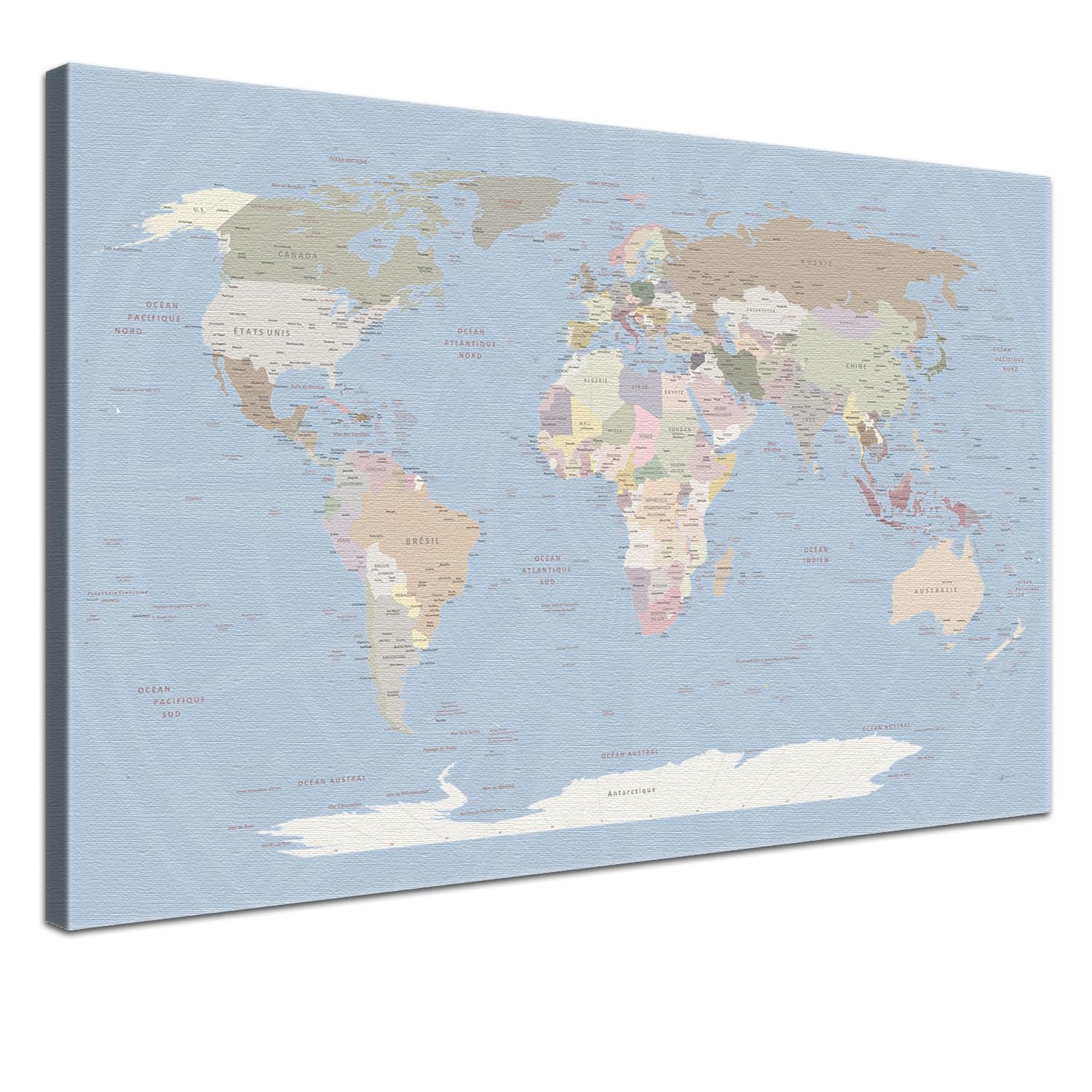 Tableau sur toile avec carte du monde à épingler, marque tes voyages et souvenirs – Carte du Monde Bleu Glacial - En français - Image de carte murale en bleu clair, 100 x 70 cm