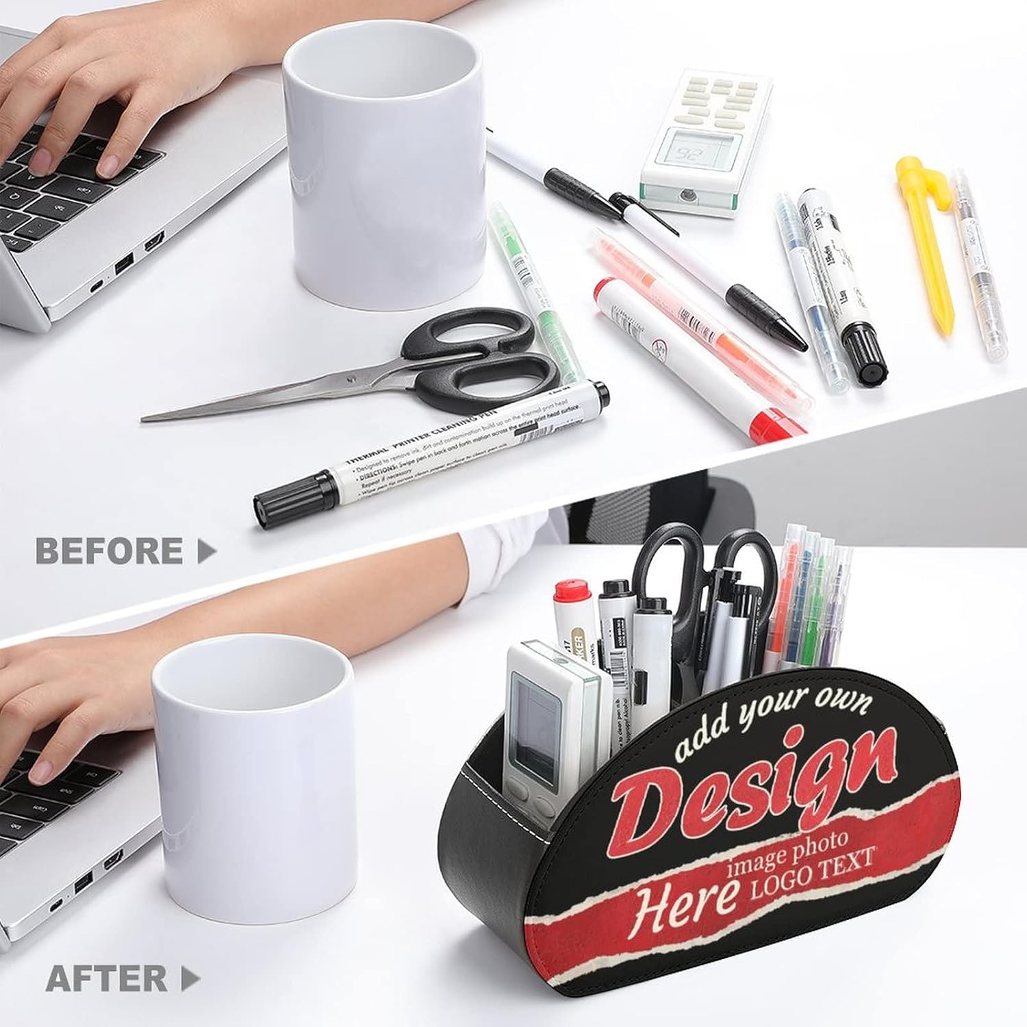 Custom Leather TV Remote Control Holder with 5 Compartments Personalized Add Your Photo Text LOGO PU Remote Control Caddy Desktop Organizer for Office Supplies Makeup Brush Pen Glasses