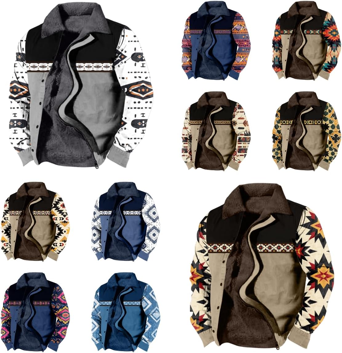 Aztec Cowboy Western Jackets for Men Long Sleeve Sherpa Fleece Zipper Retro Ethnic Print Fashion Warm Coats - Image 5