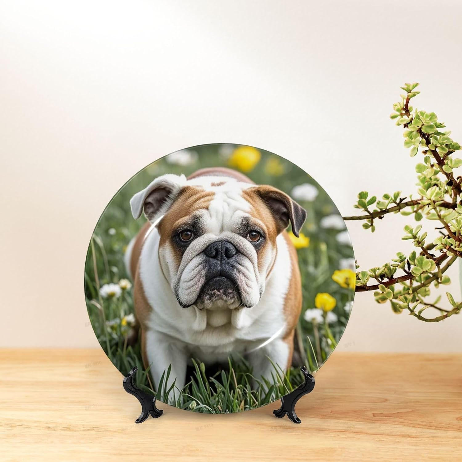 Bone China Decorative Plate with Display English Bulldogs Ceramic Plates Crafts Art Decor Dessert Plate Ceramic Ornament Porcelain Plates for Living Room Kitchen Table Home Decor