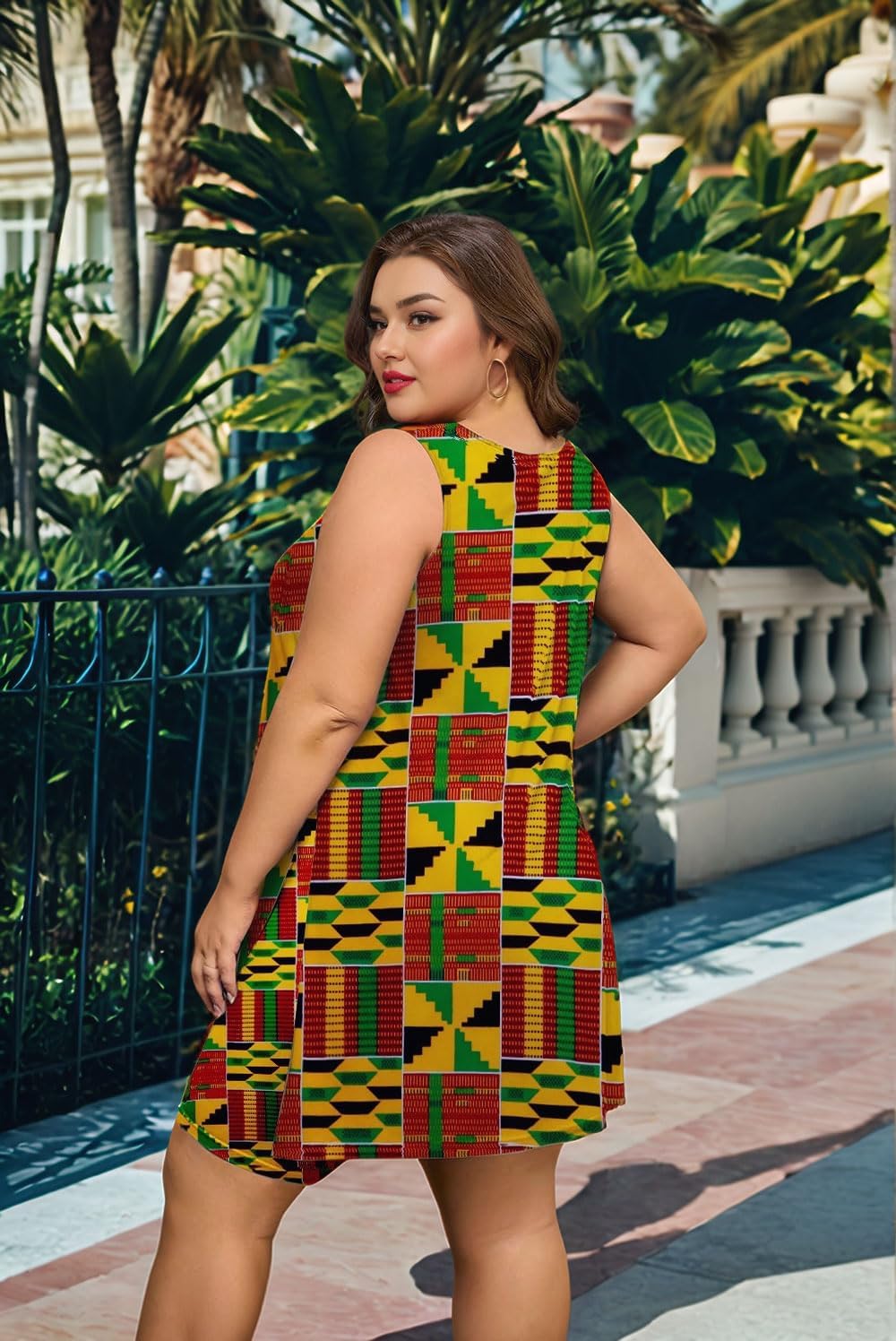 Women Plus Size African Print 2 Piece Summer Set, Sleeveless Waist Cinching Top & Stretch Biker Shorts, Kente Pattern Casual - Image 6