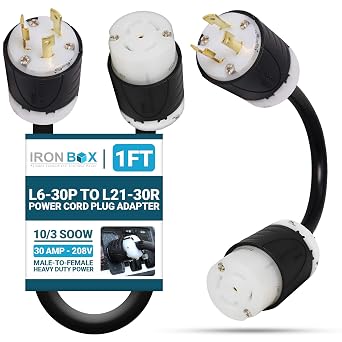 IronBox NEMA L6-30P to L21-30R Power Cord Plug Adapter - 30A, 208V, 10/3 SOOW - UL Listed Heavy Duty Power Cable - Twist Lock Power Extension for Generator, RV, Camper and More 1ft, Custom Build