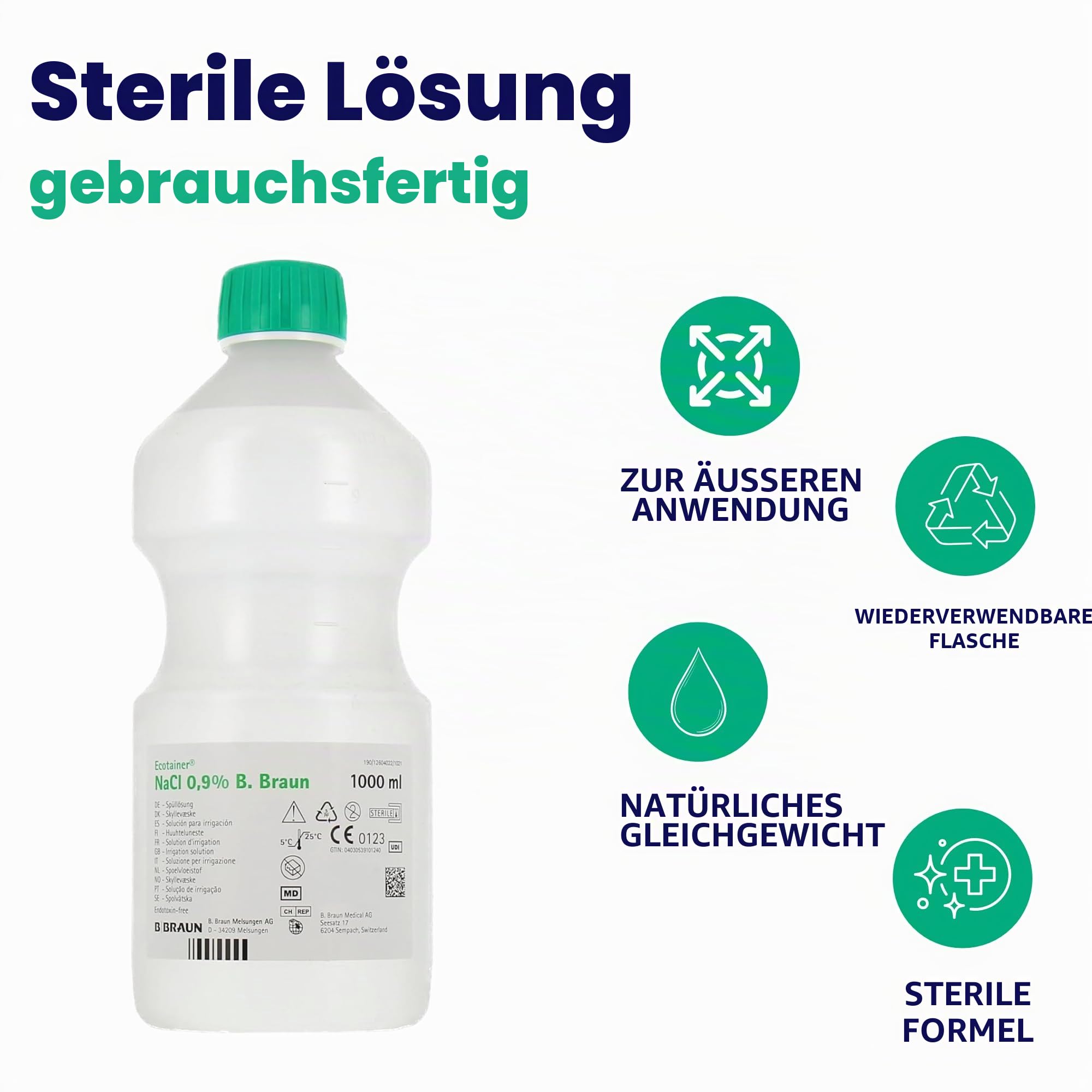 B BRAUN - 6 x 1 Liter - NaCl 0.9 Sterile Isotonische Kochsalzlösung für Baby und Erwachsene - Physiologisches Serum - Natriumchlorid - Wundreinigung - Nasenspülung - Nasendusche