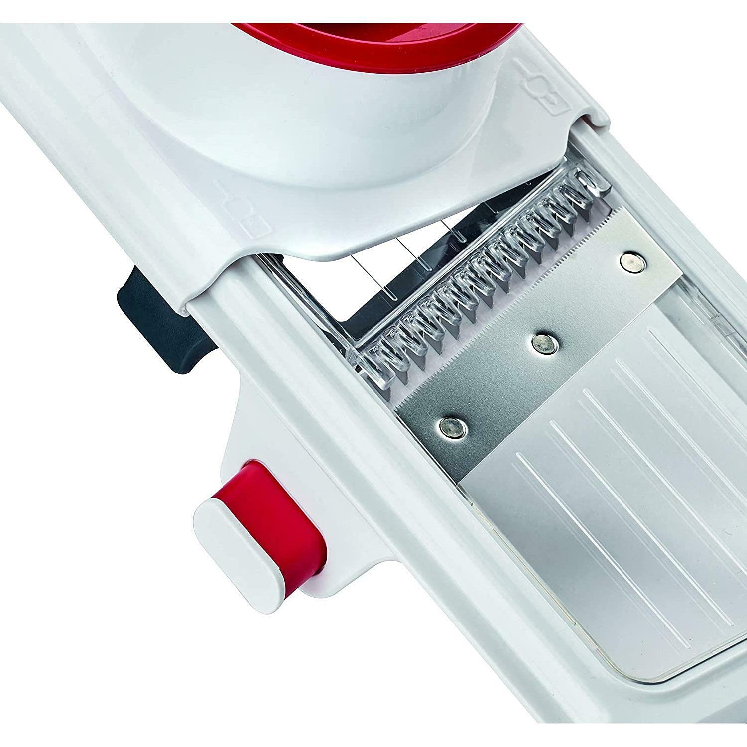 Zyliss E900040 Ręczna krajalnica do żywności, tworzywo sztuczne/stal nierdzewna, biały/czerwony, wielofunkcyjny krajalnica do warzyw, owoców, krajalnica julienna, nadaje się do mycia w zmywarce