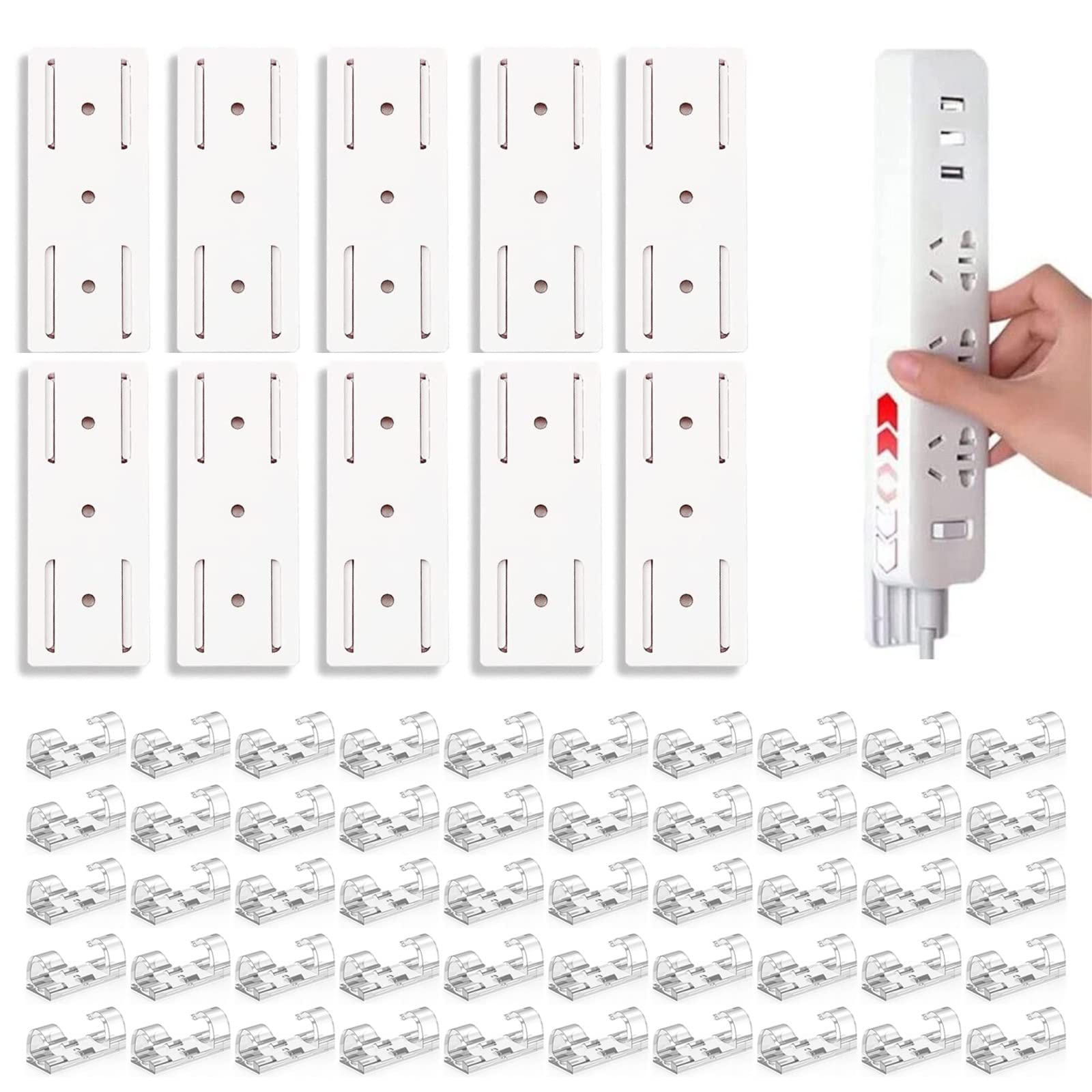 Power Strip Holder and Cable Clips Kit, 10Pcs Adhesive Punch-Free Socket Holder with 50Pcs Adhesive Cable Organizer, Power Strip Wall Mount Cable Management for Kitchen,Home and Office